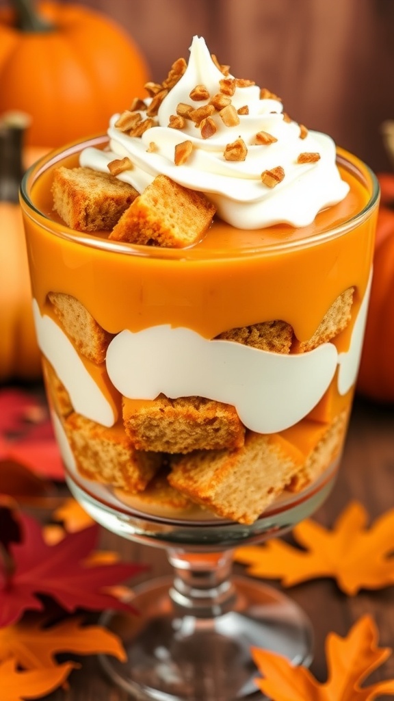 Pumpkin Bread Trifle Recipe Pumpkin bread trifle in a glass dish with layers of pumpkin filling, whipped cream, and pumpkin bread, garnished with nuts.